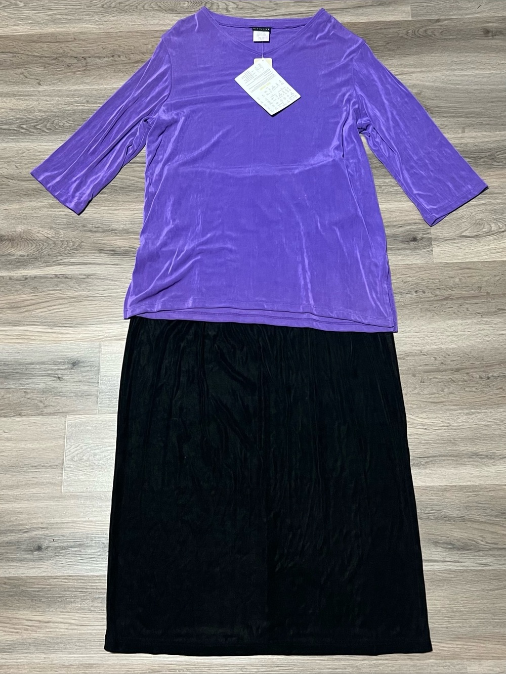 Citiknits Twinset Skirt Blouse Large Purple Black Stretch Slinky Knit 2 Pc NWT
